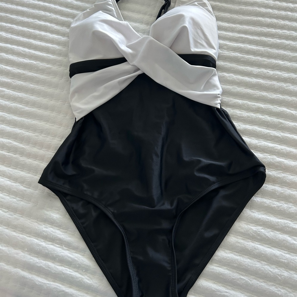 Stylish Black and White One Piece Swimsuit